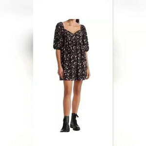 WAYF black and floral baby doll dress puff sleeve sz XS/S